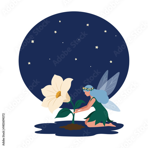 Fairy tending to a large flower in a night sky flat vector art