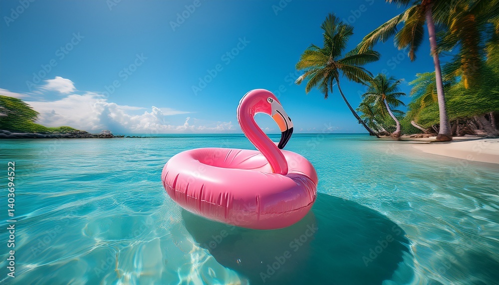 tropical getaway featuring a flamingo inflatable floating in crystal clear turquoise water with palm trees and a sunny beach in the background tropical getaway featuring a flamingo inflatable floating in crystal clear turquoise water with palm trees and a sunny beach in the background