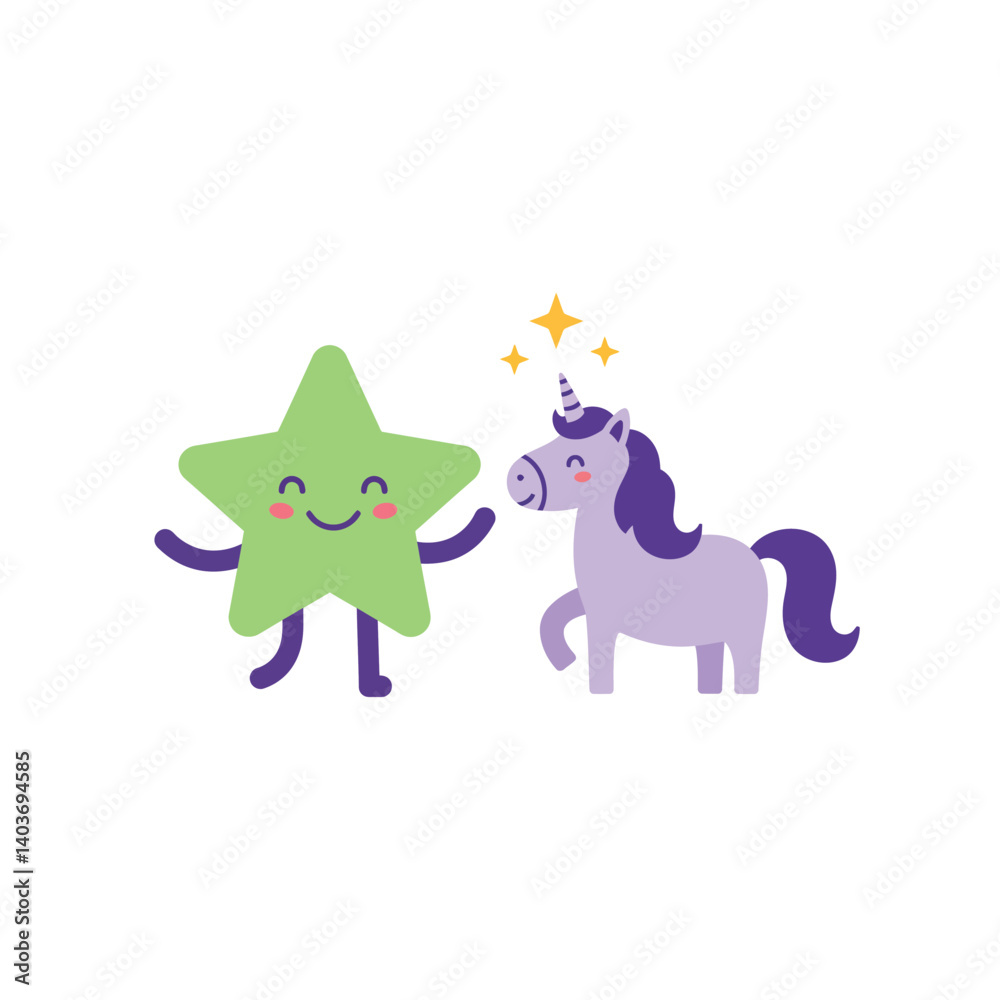 Obraz premium Happy star character and unicorn in playful flat design vector illustration