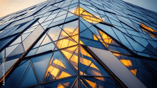 A corporate office with an intricate tessellated exterior featuring triangular glass panels metallic framework creating a dynamic interplay of light photo
