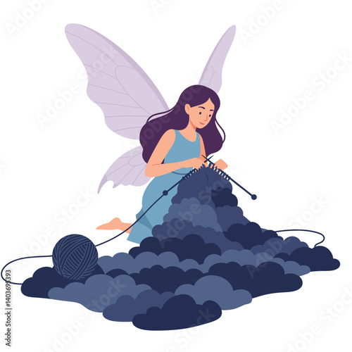 Fairy knitting a large pile of yarn in flat vector art style