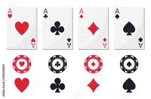 Poker set with aces, poker chips and playing card suits: spades, hearts, diamonds, clubs. Classic flat color vector set