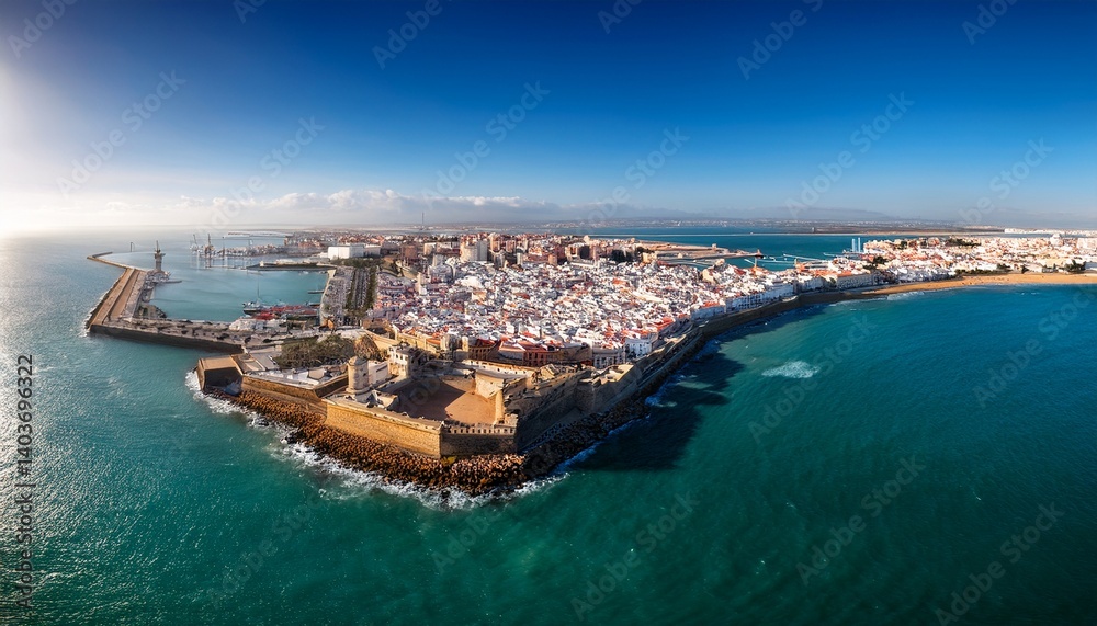 Fototapeta premium aerial view of the city of cadiz and the castle of san sebastian