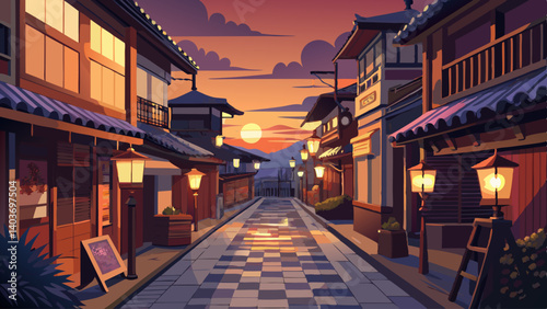 A street scene with a moon in the sky. The street is lined with buildings and has a lot of street lamps