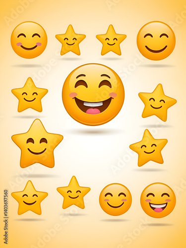 Smiley emojis happy smile beaming faces. Icon emoticons jovial considerate client communication. Interpersonal warmth touch solace symbolized Customer Assistance conversational star face expressions.