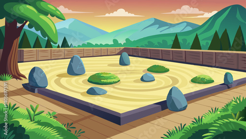 A serene landscape with a Zen garden and mountains in the background. The garden is filled with rocks and plants, creating a peaceful atmosphere