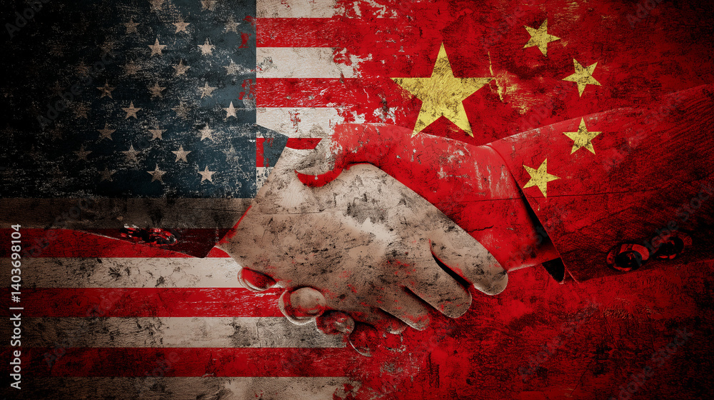 Diplomatic handshake between global leaders, US and Chinese flags creating symbolic background highlighting international partnership