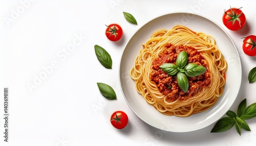 top view of spaghetti with bolognese sauce basil tomato isolated on white background italian pasta on white plate text copy space view from above flat lay banner design generative ai