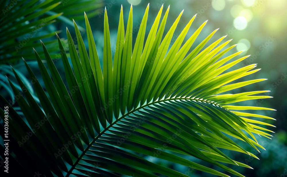Fototapeta premium Lush palm leaf background with soft lighting and bokeh effect for serene atmosphere