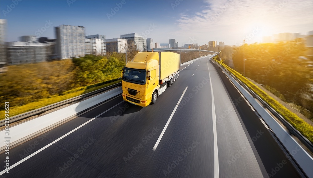 Obraz premium aerial view of yellow truck driving on a city road transportation and shipping concept