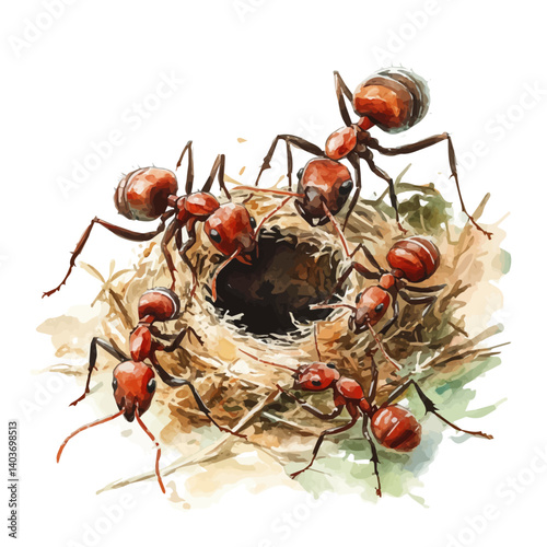 watercolor of Group Of Prehistoric Ants Building A Nest, vector, isolated on a white background.