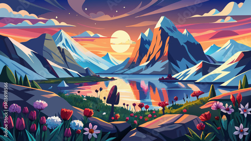 Wallpaper landscape nature of the mountains of Spitsbergen Longyearbyen Svalbard on a flowers polar day with arctic summer in the sunset