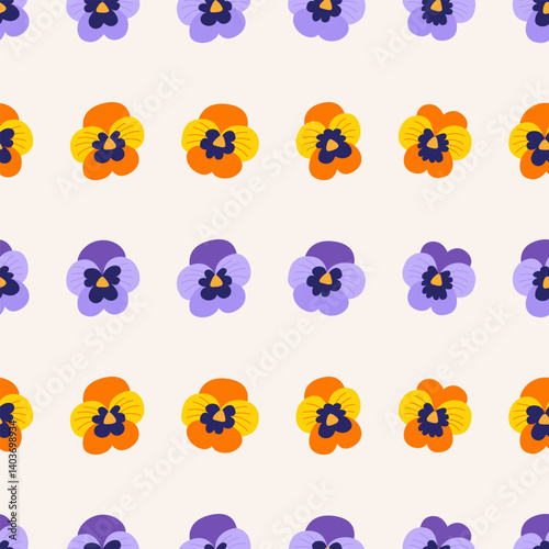 Seamless pattern with cute pansies. Botanical vector flat background with pansy flower buds. Floral wallpaper for textile, fabric design, fashion and other surfaces