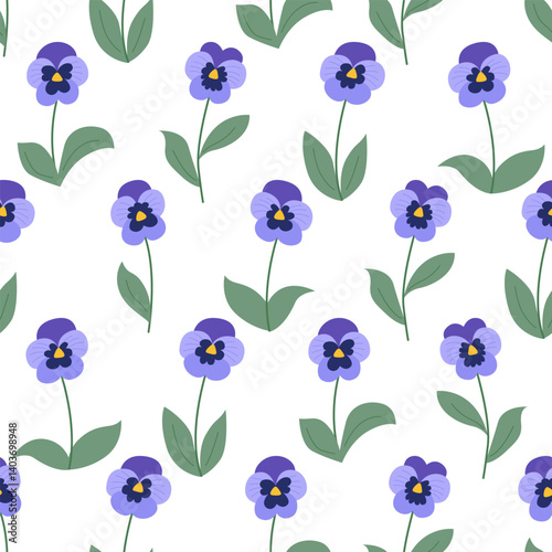Botanical seamless pattern with pansy flowers and leaves. Vector flat background. Floral wallpaper for textile, fabric design, fashion and other surfaces