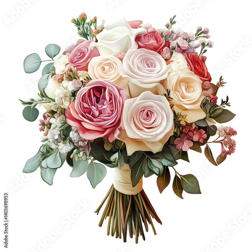 Beautiful wedding bouquet featuring roses and greenery set against a Transparent background, wedding bouquet, isolated, PNG background