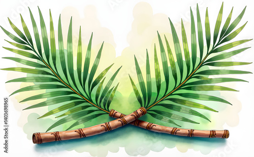 Crossed palm branches with vibrant green leaves for artistic background