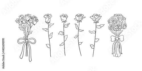 Set of elegant roses and bouquets with bows. Vector hand drawn floral illustration. Whimsical vintage flower branches with leaves in sketch style on isolated background