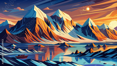 Wallpaper landscape nature of the mountains of Spitsbergen Longyearbyen Svalbard on a flowers polar day with arctic summer in the sunset