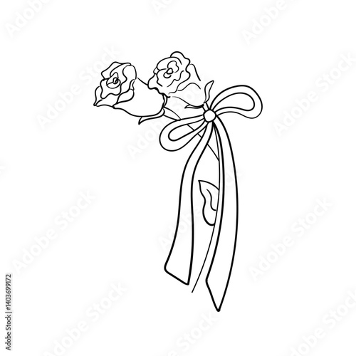 Elegant roses with coquette ribbon. Hand drawn vector illustration with flower bouquet. Whimsical vintage roses branches and bow in sketch style on isolated background