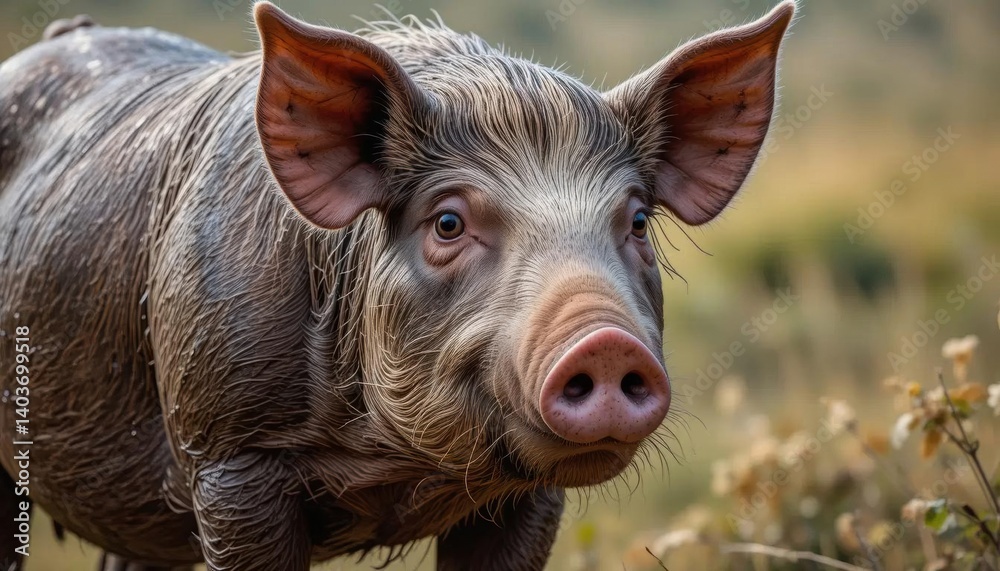 Muddy Piglet Portrait: Curious Gaze in Wild Grassland Muddy Piglet Portrait: Curious Gaze in Wild Grassland