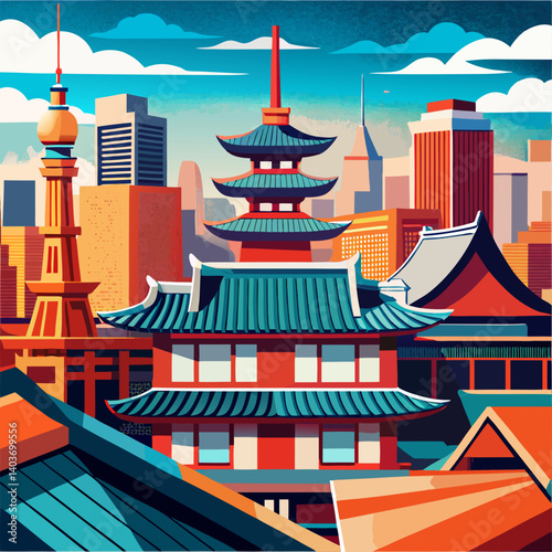 A cityscape with a tall building in the middle and a pagoda on the right. The sky is blue and the buildings are orange
