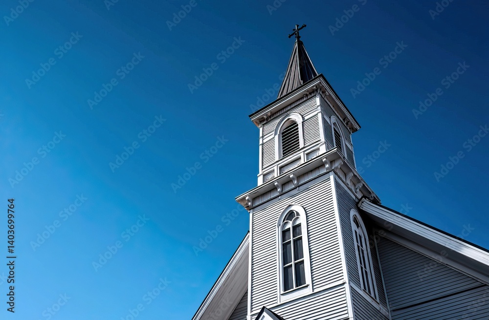 Fototapeta premium White Church Steeple Against Clear Blue Sky. AI generated image