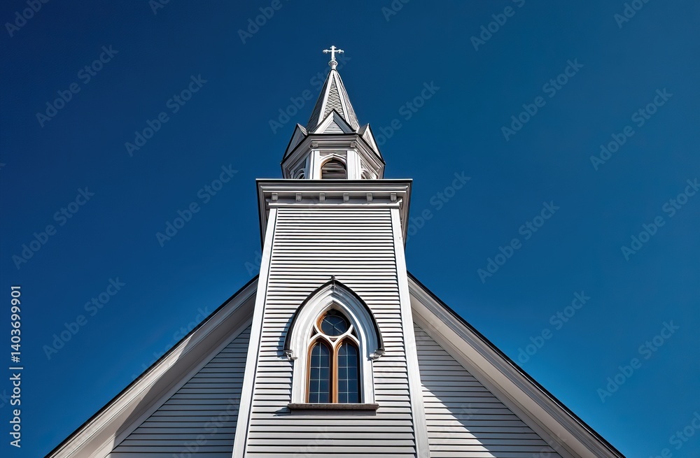 Fototapeta premium White Church Steeple Against Clear Blue Sky. AI generated image