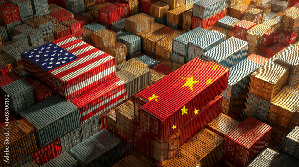 Shipping containers bearing US and China national flags, symbolizing international trade tensions and economic rivalry in times of tariffs
