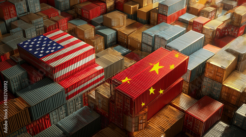 Obraz na płótnie Shipping containers bearing US and China national flags, symbolizing international trade tensions and economic rivalry in times of tariffs w salonie