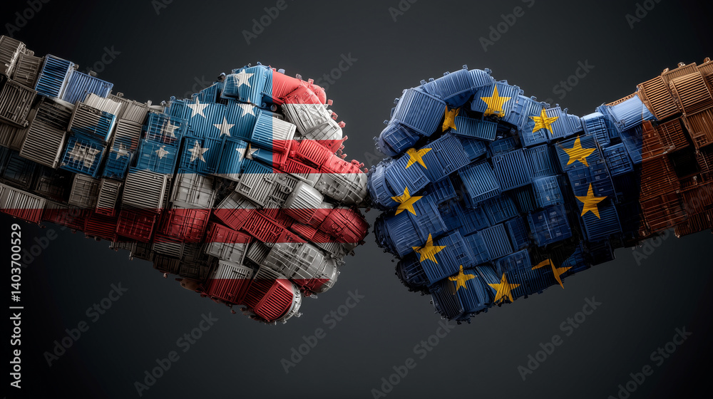 Cargo containers forming fists with the US and EU flags are bumping each other, representing the trade war in times of tariffs