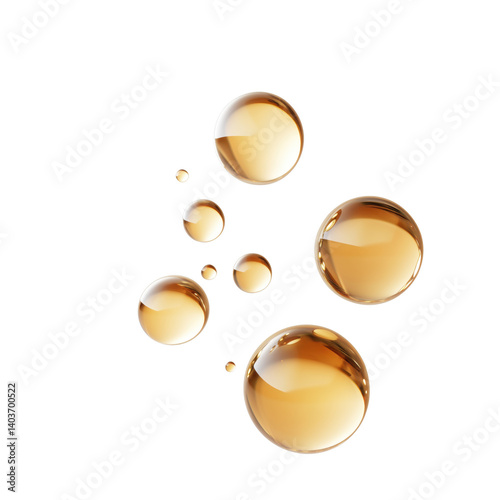 Golden oil drops floating on a transparent background