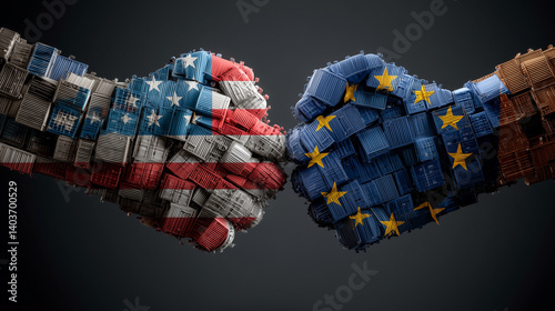 Obraz na płótnie Cargo containers forming fists with the US and EU flags are bumping each other, representing the trade war in times of tariffs w salonie