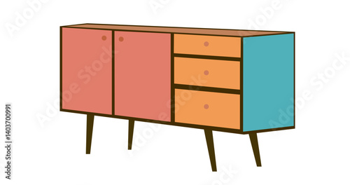 Wooden chest of drawers. Mid century modern interior design element in trendy colors. Realistic vector illustration isolated on white background.
