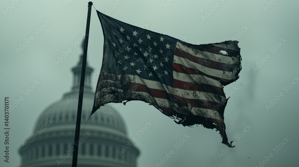 Weathered US flag fluttering against blurred Capitol dome, symbolizing national challenges and political disillusionment