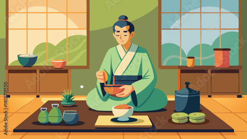 A man in a green robe is sitting at a table with a bowl of food in front of him. He is using a spoon to eat from the bowl. The table is set with various dishes and utensils, including cups, bowls