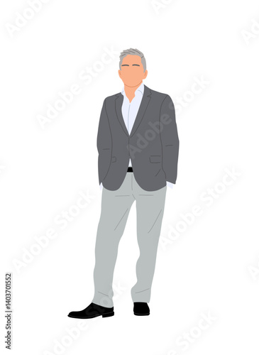 Senior businessman standing wearing smart formal office outfit, gray suit. Aged man character vector realistic illustration isolated on white background