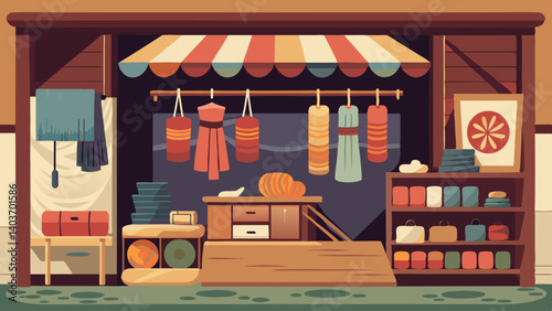 A colorful store with clothes and shoes on display. The store has a Japanese theme. The clothes are hanging on the racks and the shoes are on the floor