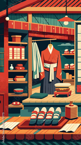 A colorful store with clothes and shoes on display. The store has a Japanese theme. The clothes are hanging on the racks and the shoes are on the floor