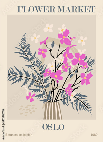 Abstract flower poster - Flower Market Oslo. Trendy botanical wall art with floral design in danish pastel colors. Modern naive groovy funky interior decoration, painting. Vector art illustration.