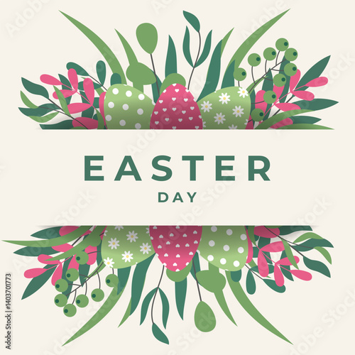 Happy Easter Banner or Poster with Trendy Modern Typography. Modern Easter Holiday Background Design with Egg, Shadow,  Flowers and Holiday Typography. Greeting Card in Pastel Colors. Creative Card.