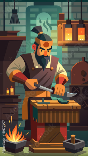 A man is cutting something with a sword in a dark room. Scene is mysterious and intense
