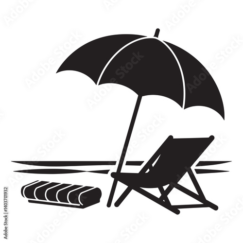 Relaxing Beach Chairs Silhouette with Beach Umbrella and Beach Towel on white background