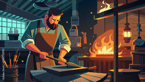 A man is cutting something with a sword in a dark room. Scene is mysterious and intense
