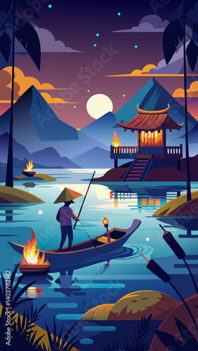 A man is rowing a boat in a lake at night. The sky is dark and cloudy, and the moon is visible in the distance. The man is wearing a hat and he is enjoying the peacefulness of the night