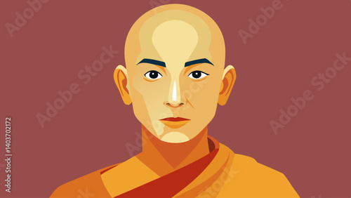 A man with a shaved head and a beard is wearing a yellow robe. He has a serious expression on his face