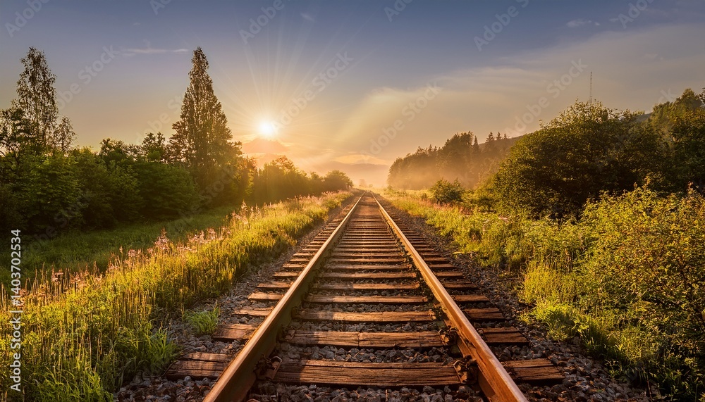 Fototapeta premium a scenic view of an old abandoned railway at sunrise on a sunny summer day