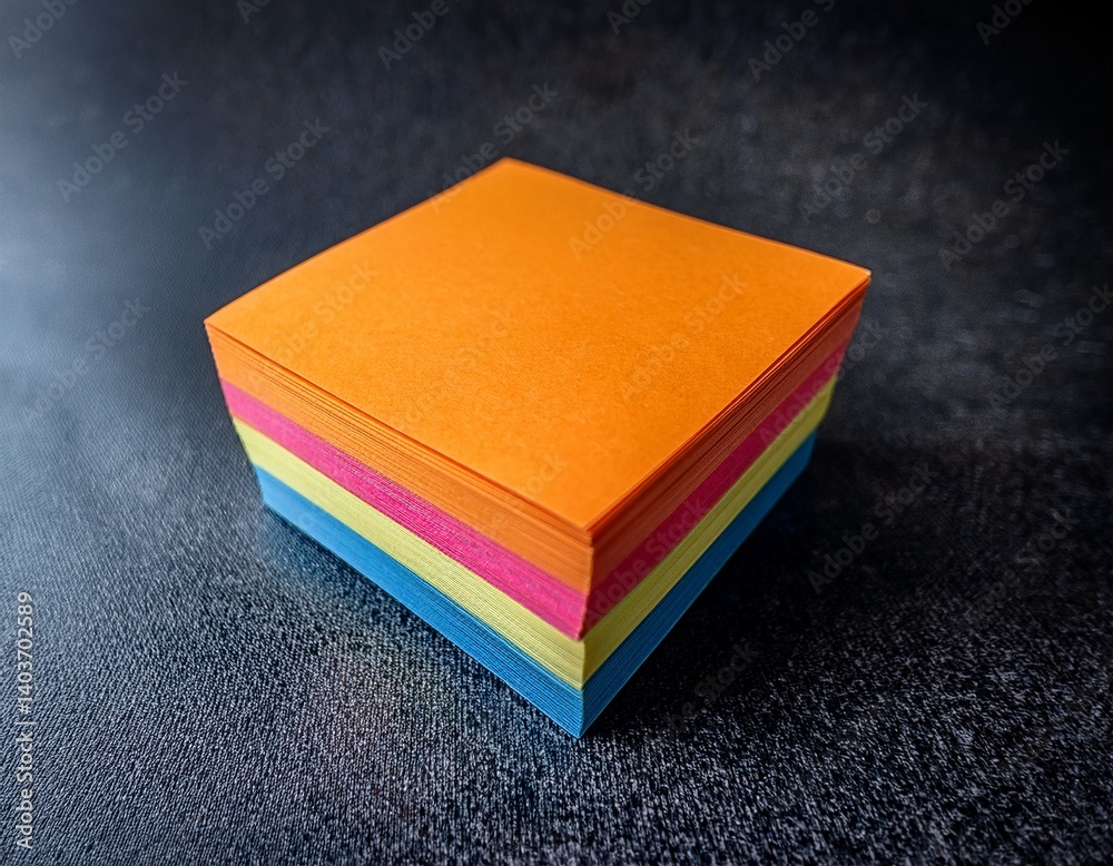 Fototapeta premium a vibrant stack of sticky notes sits on a dark textured surface ready for use in organizing tasks notes and reminders effectively