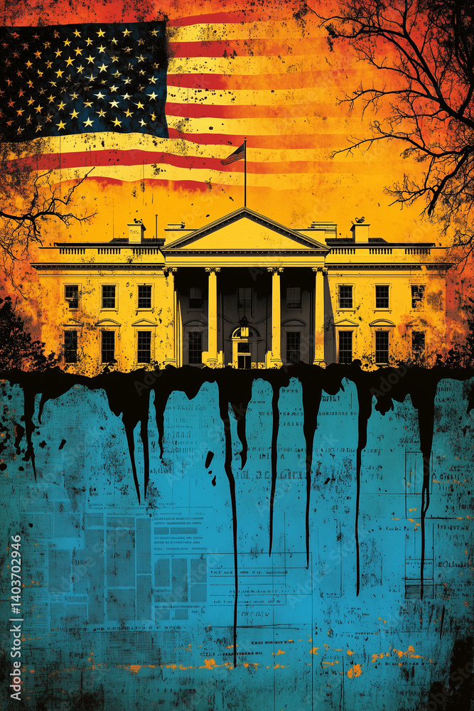 White House facade rapidly dissolving, classified papers scattering, barren tree silhouetting political controversy surrounding document leak