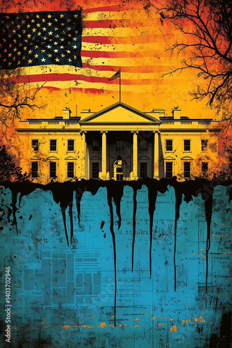 Obraz na płótnie White House facade rapidly dissolving, classified papers scattering, barren tree silhouetting political controversy surrounding document leak w salonie