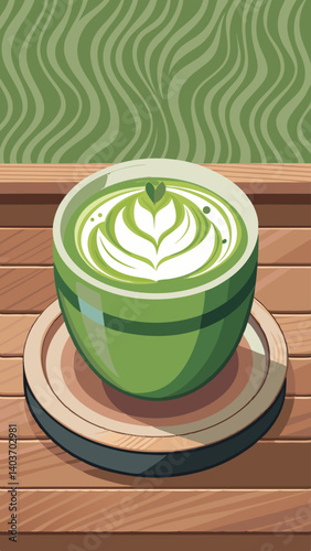 A green coffee cup with a white foam on top and a leaf on the side. The cup is placed on a wooden table
